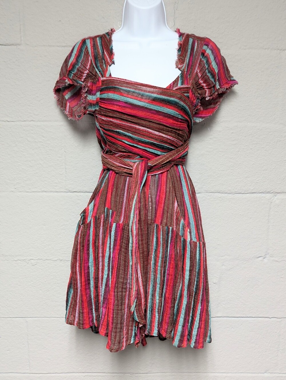 Free People FP One Mini Dress Stripe Gauze Size S Wrap Bodice